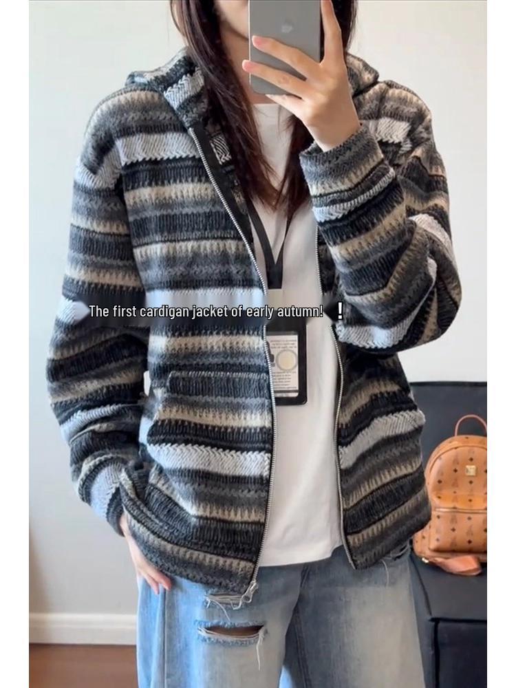 2026 Trendy National Tide Brand Striped Knit Sweater Hoodie for Couples