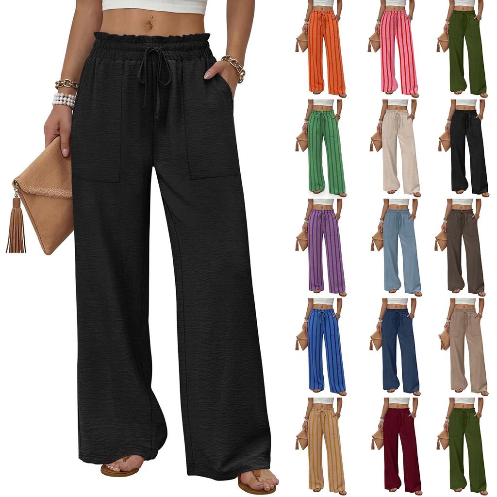 Women's High Waist Wide Leg Pants with Pockets Drawstring Loose Fit for Beach Vacation Casual