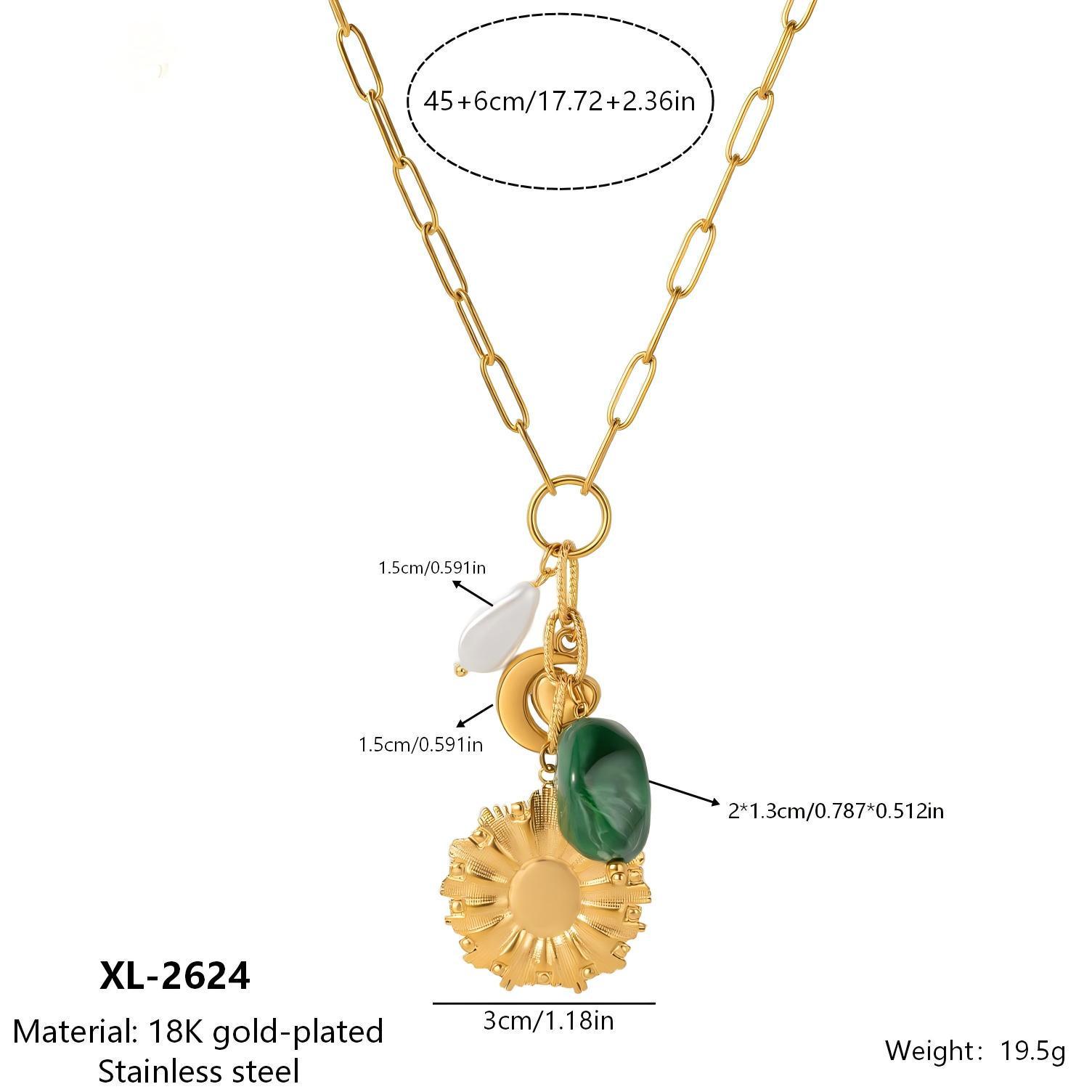 Elegant 18K Gold-Plated Paperclip Necklace with Flower, Star, Moon, and Natural Stone Pendant for Women 18K Gold