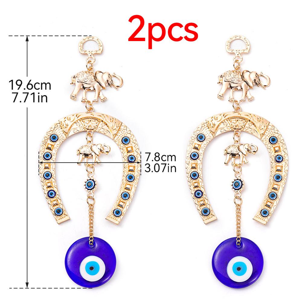 Turkish Blue Glass Eye Amulet Horseshoe With Elephant Ribbon Ethnic Wall Hanging Lucky Pendants Wind Chimes Home Car Decoration