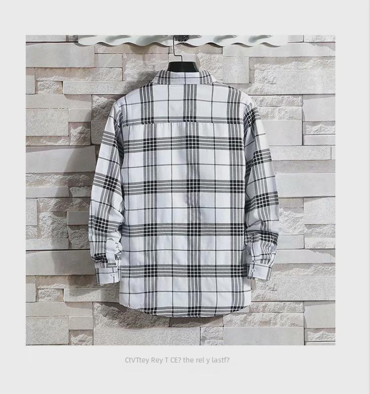 Męska koszula casual w stylu hongkońskim, w japońską kratę, modna, koreańska, z długim rękawem - Kolekcja wiosenno-jesienna