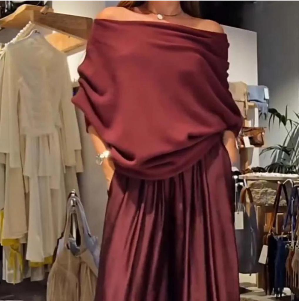 2026 Elegant Off-the-Shoulder Top & Satin Wide-Leg Pants Set