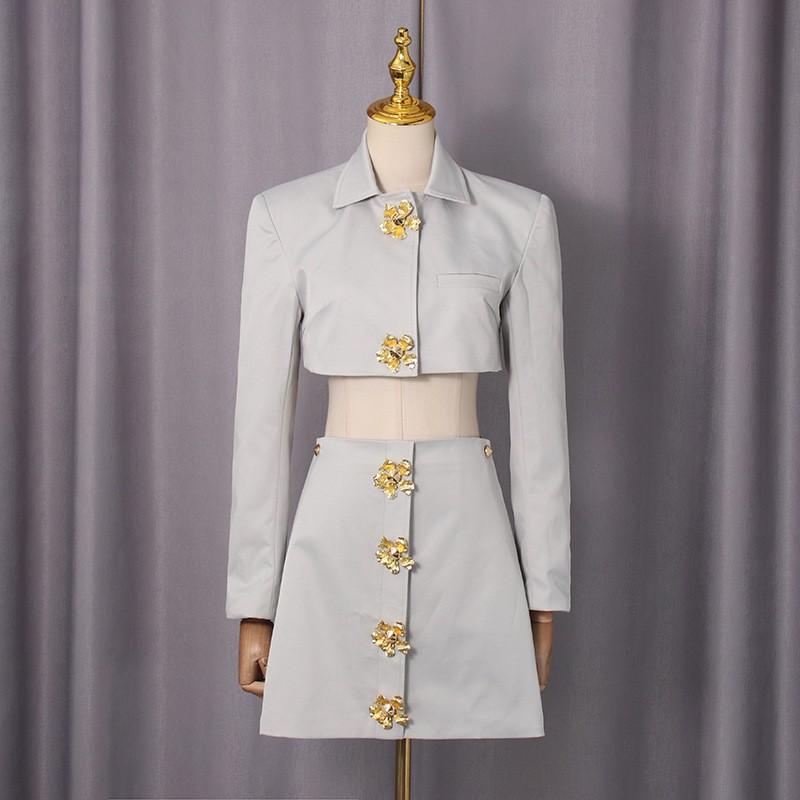 Small Crowd Light Luxury High-end Two-piece Women s Dress Metal Button Shirt Short Skirt Set S серо голубой