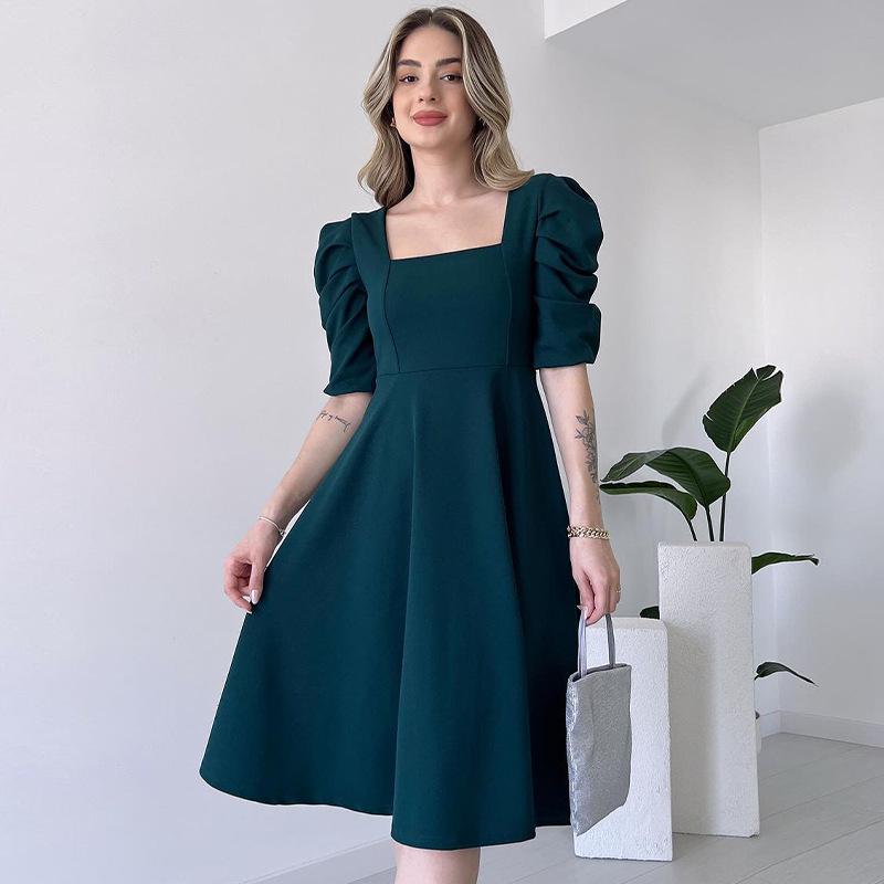 2024 Summer French Retro Square Neck Puff Sleeve Solid Color Waist-Hugging Dress