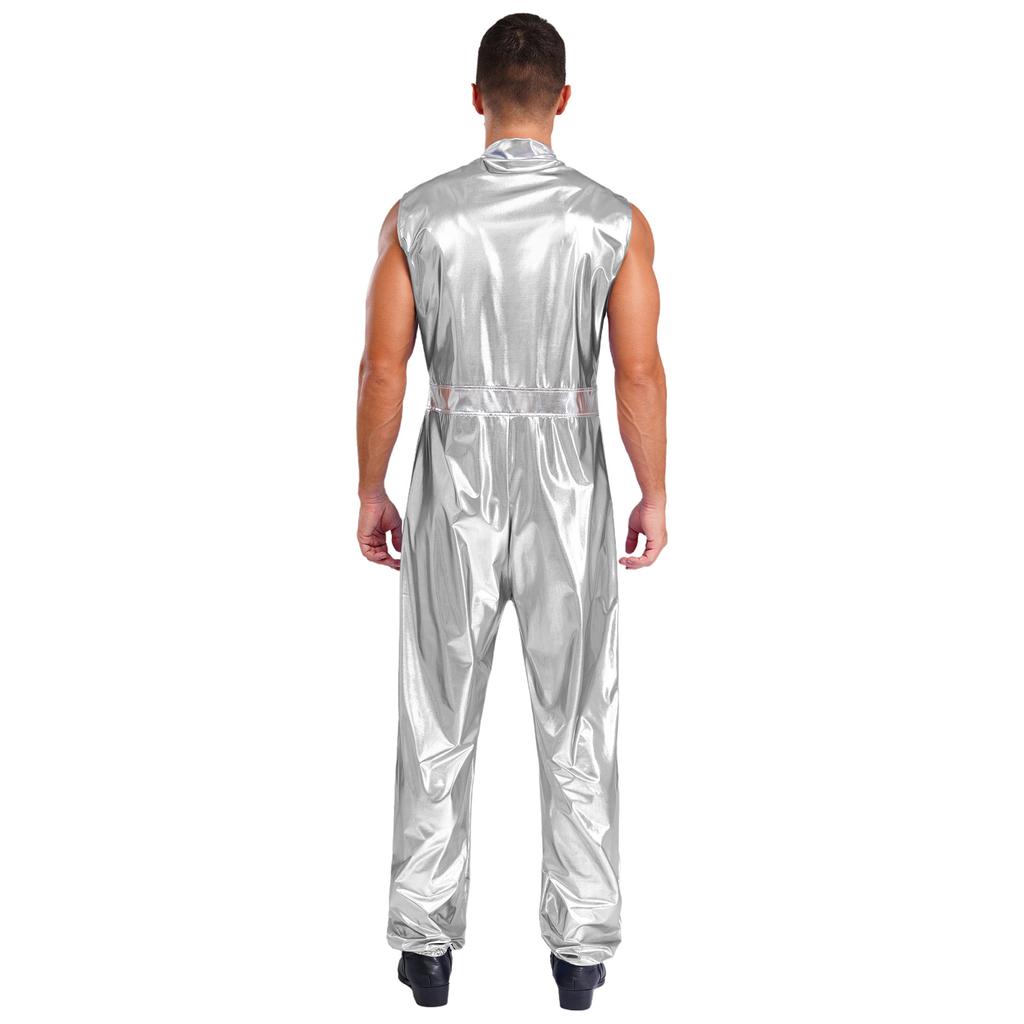 Herren glänzender metallischer ärmelloser Reißverschluss Ganzkörper-Jumpsuit Bodysuit