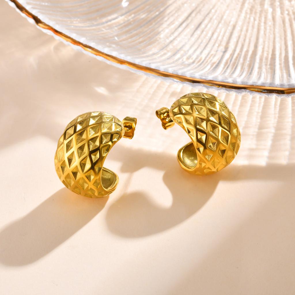 Stainless Steel C Shape Stud Earrings for Women Geometric Irregular Wrinkle Texture Large Gold Color Earrings Fashion Earring
