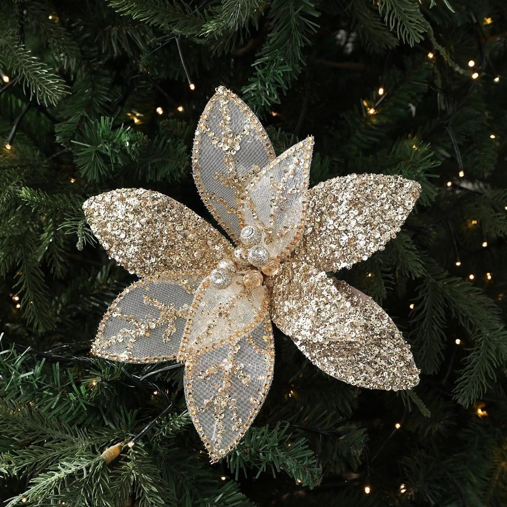 New 31CM Artificial Poinsettia Flower Sequins Sparkling Simulation Flowers Glitter DIY Christmas Flower Wedding Decoration