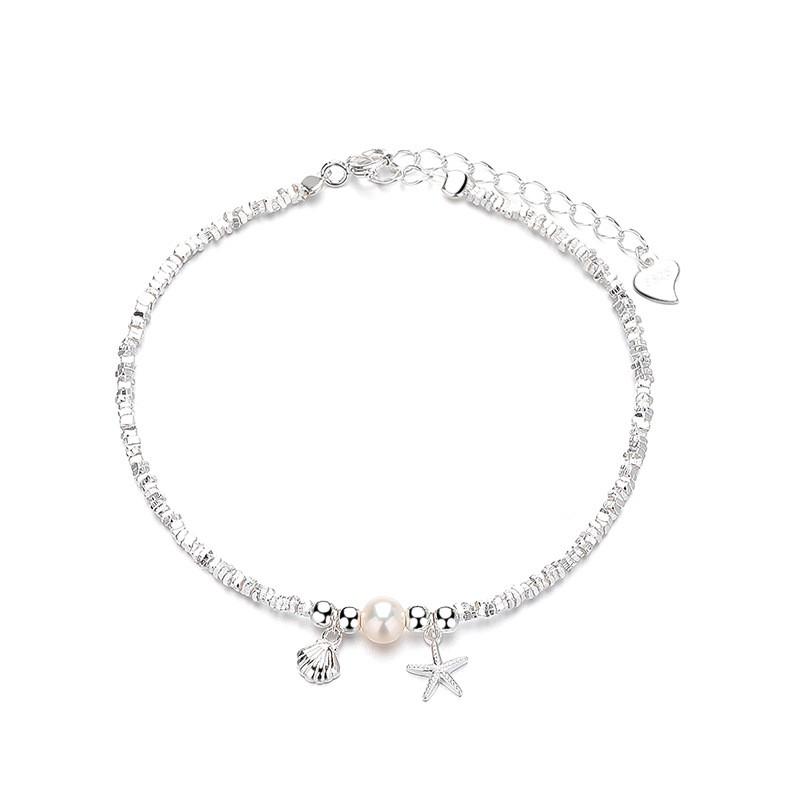 Sterling Freshwater Pearl Bracelet With Starfish Shell Charm Minimalist Layering Jewelry Women