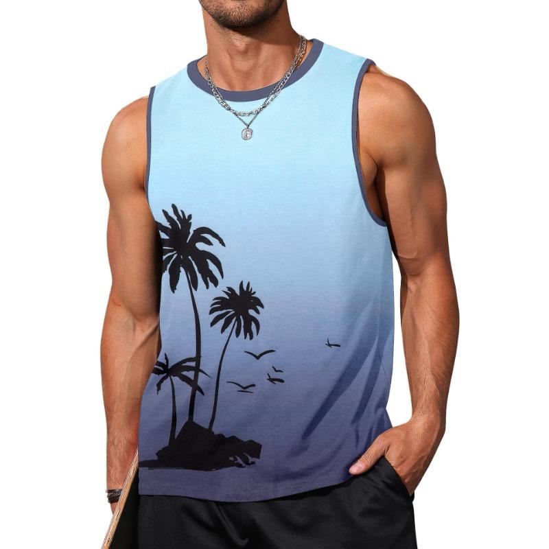 Muscle Man 3D Digital Printed Pattern Tank Top Sleeveless Beach Hawaiian Coconut Tree Tank Top Clothes
