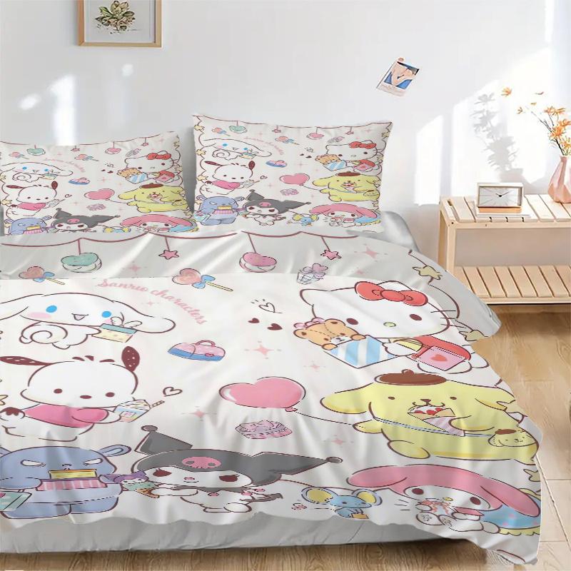 

3pcs Sanrio Characters Pom Pom Purin Pochacco Print Bedding Set (1 Cover + 2 Pillowcases, Without Inserts), This Printed Bedding Set is Soft 135x200cm