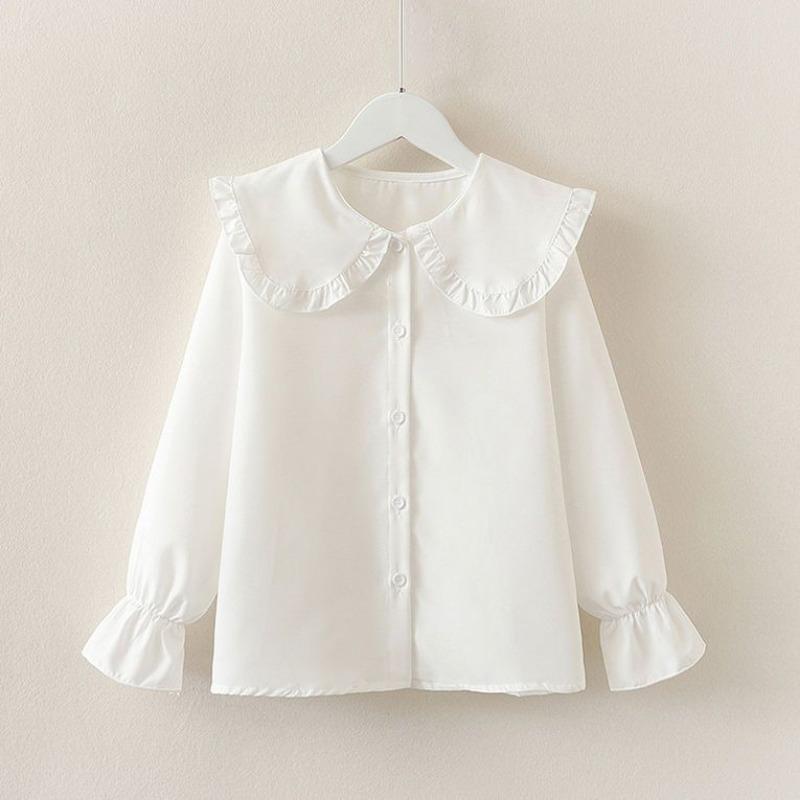 Girls Long Sleeved Blouse Doll Collar Autumn New Young Children's Clothing Korean Teen Girls Button White Shirts Spring Tops