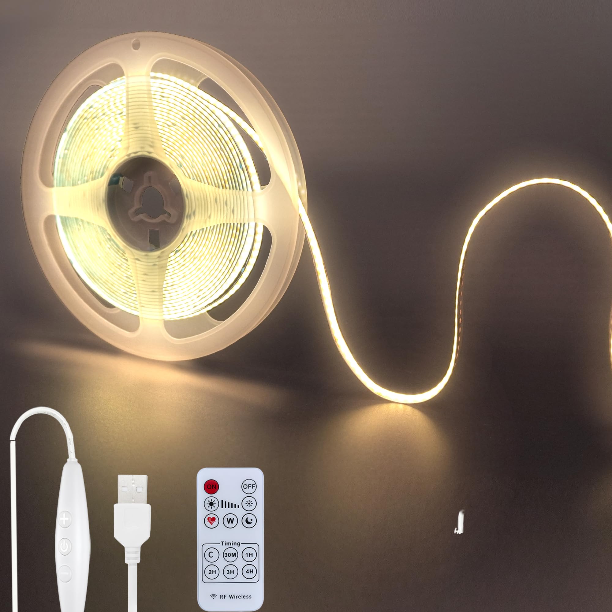 

Clearhill 2-Pack 5V COB LED Strip Lights with Remote Dimmer Switch, 3M Natural White, 4000K, 320 LEDs per meter, 8mm Wide, Non-Waterproof IP20, 1.5M