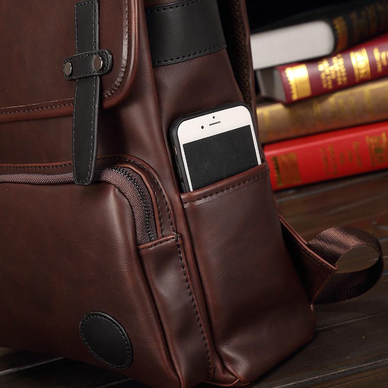 Trendy Men's British Fashion Backpack Personality Design Young Student Backpack Retro Crazy Horse Leather Bag 14-inch Computer Bag