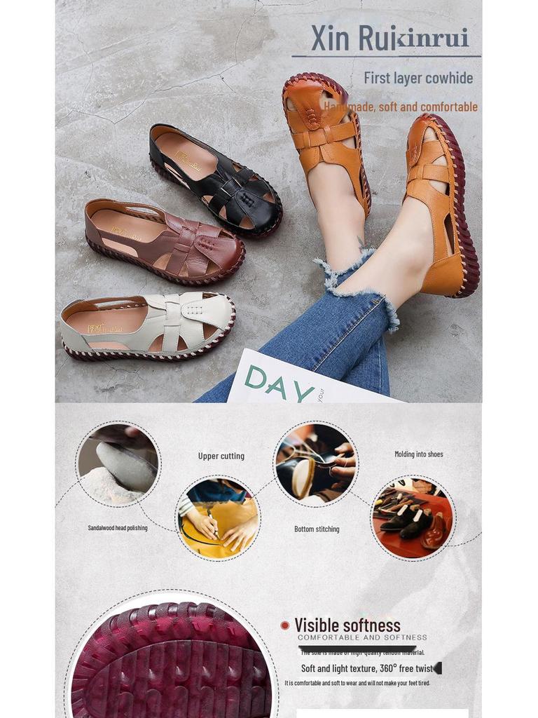 Damensandalen aus echtem Leder mit geschlossener Spitze – bequeme, rutschfeste Ballerinas für Mütter mittleren Alters und ältere Mütter, Sommerstil