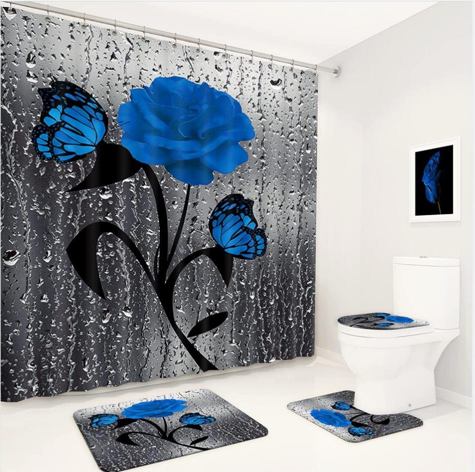 

4 в 1 Набір аксесуарів для ванної кімнати Завіса для душу з цифровим друком Нековзкий килимок Накидка на унітаз Водонепроникний квітковий декор