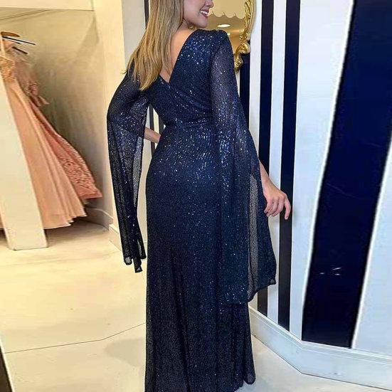Abito da sera da donna Maniche divise Profondo scollo a V Paillettes lucide Vestibilità attillata Vita stretta Nodo Pieghettato Lunghezza intera Tinta unita Lady Prom Banchetto Abito lungo