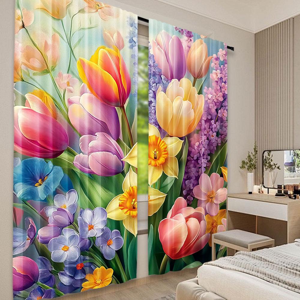 2Pcs Spring Curtain Colorful Dreamy Scenario Of Blooming Roses Lavender And Peony With Leaves Suitable For Bedroom Bathroom