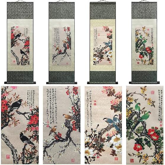 AtfArt Asian Wall Decor - Beautiful Silk Scroll Painting of Waterfall River Landscape - Mountain Spring Autumn Color Oriental Decor Chinese Art Wall