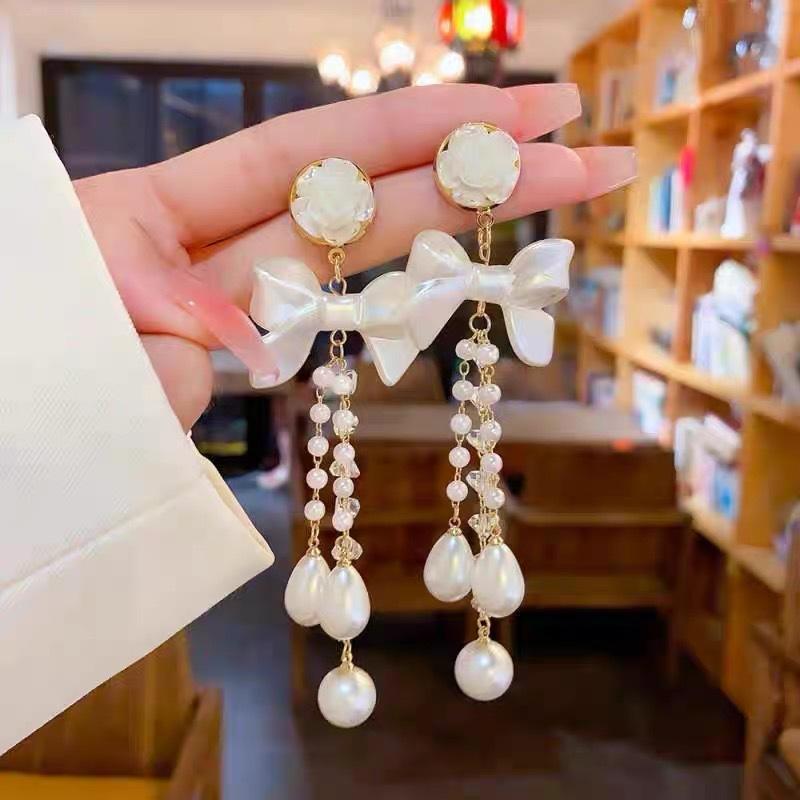 French bow tassel long earrings women's high sense exquisite stud earrings celebrity temperament versatile earrings tide