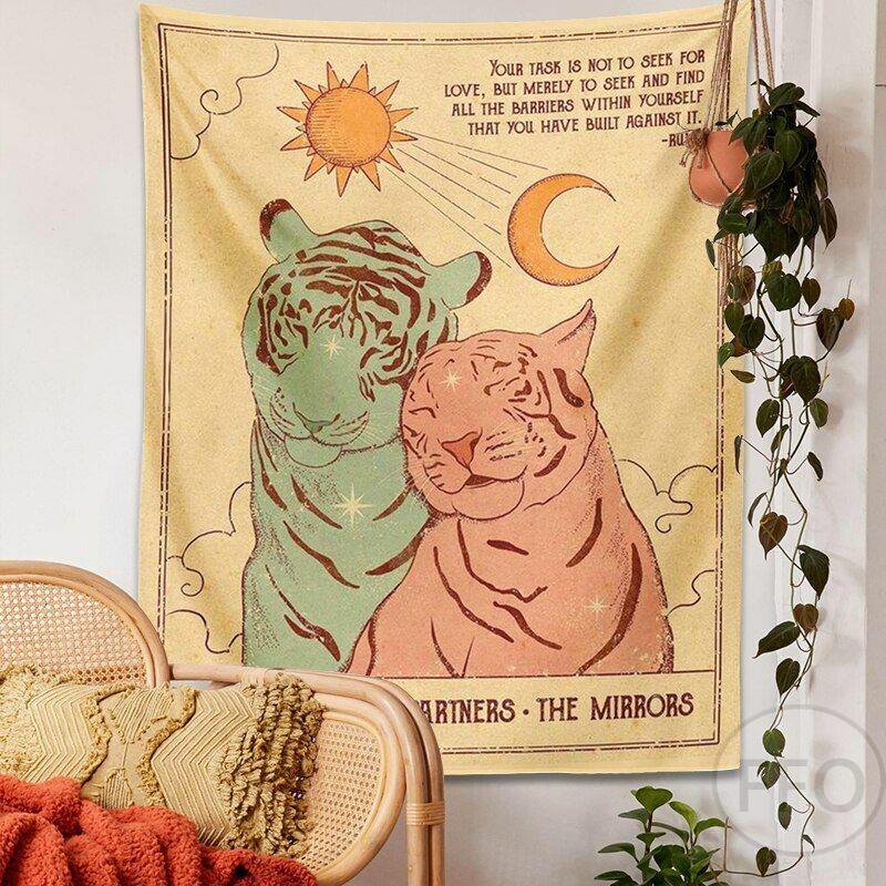 Sun Moon Tarot Tapestry Wall Hanging Boho Tarot Cat Kawaii Room Decor Psychedelic Hippie Tapestry Kids Room Bedroom Art Posters