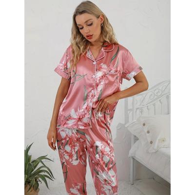 Ensemble de Pyjama en Satin à Imprimé Floral Lisse & Confortable Haut à Revers Boutonné à Manches Courtes & Pantalon Long Confortable Vêtements d'Intérieur & Vêtements de Nuit pour Femmes