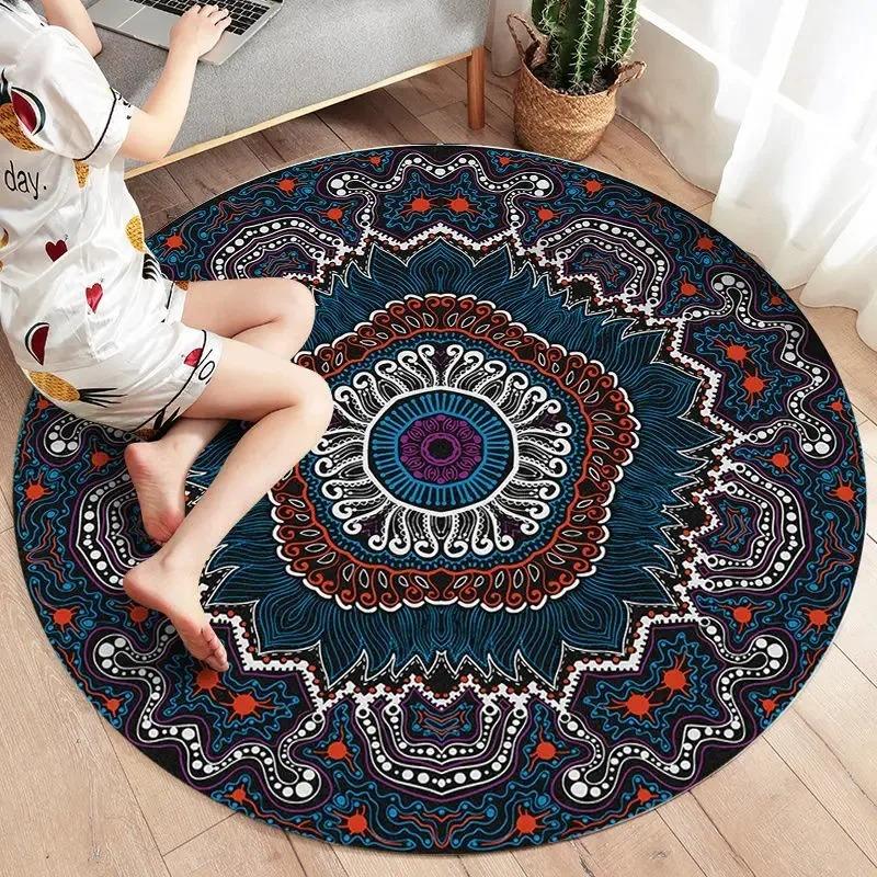 Bohemian Round Area Rugs Geometric Mandala Design Multi Color Pattern for Modern Living Room Home Decor