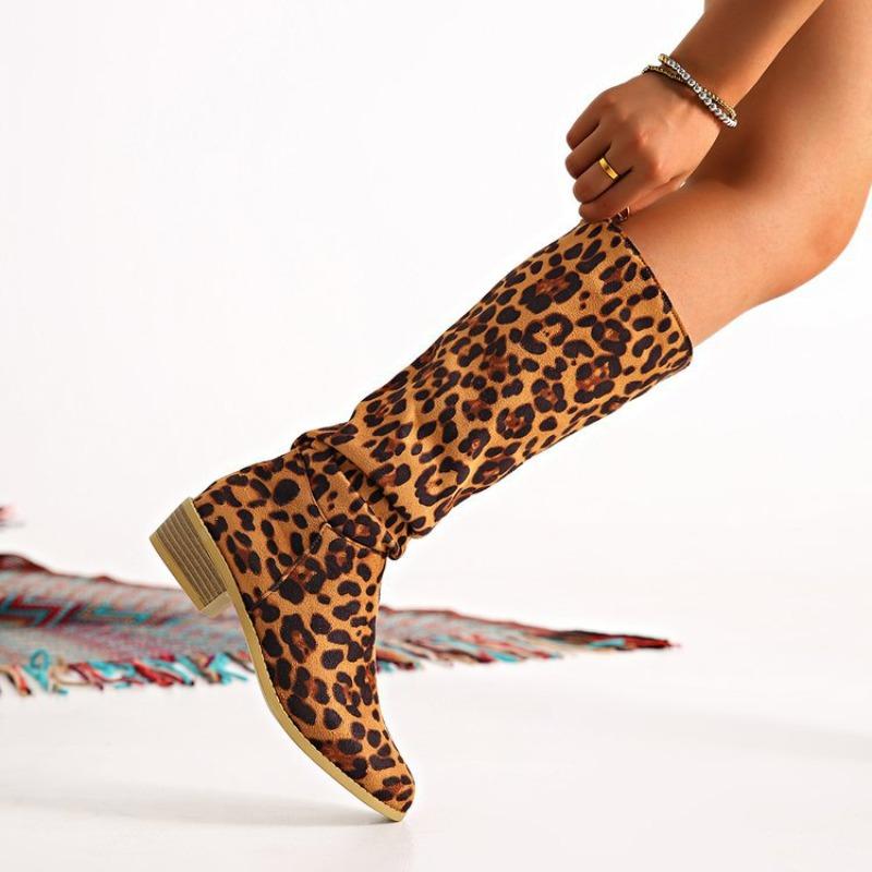 Large size leopard print tall tube but knee fashion boots autumn and winter square and round head women's boots