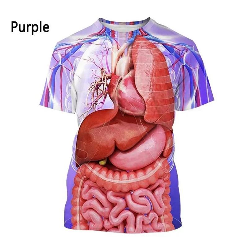 Camisetas Padrão Órgãos Humanos Ossos Para Homens Personalidade Estampadas 3D Verão Casual Manga Curta Soltas Camisetas Gola Redonda Tops