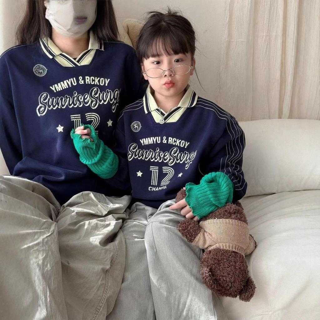 Korean Style Family Matching Autumn V-Neck Sweatshirts: Color Block for Mother-Son or Mother-Daughter