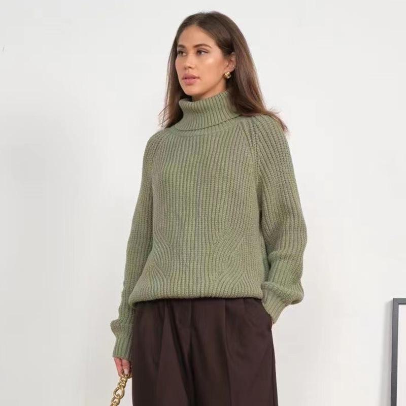Women's Thick Knitted Turtleneck Sweater - Autumn/Winter Solid Color, Medium-Length, Casual Style.
