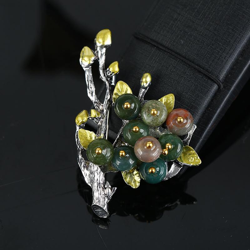 Retro brož z přírodního achátu, špičkový klasický temperament, literární a všestranná rostlinná jehlice, kabát, kardigan, korsážové doplňky