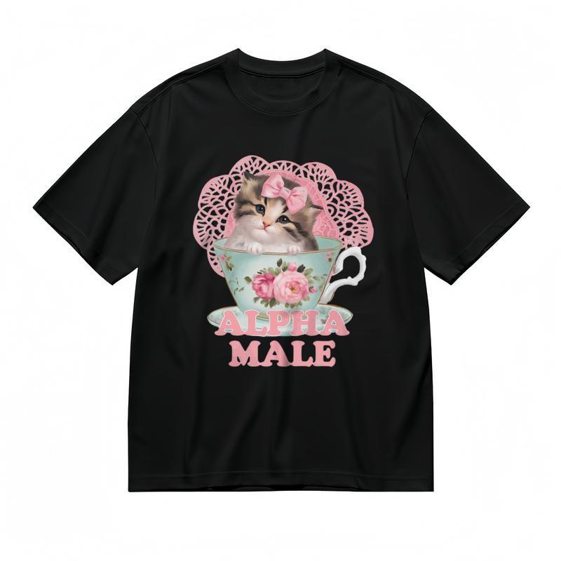 

Women s Breathable Fashion Classic T-Shirt Floral Cup Kitty Humor Art Print Tee S
