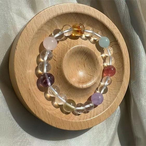 Colorful candies are natural treasures10mm Women's bracelet with aquamarine, amethyst, pink citrine, yellow citrine, and strawberry crystal,