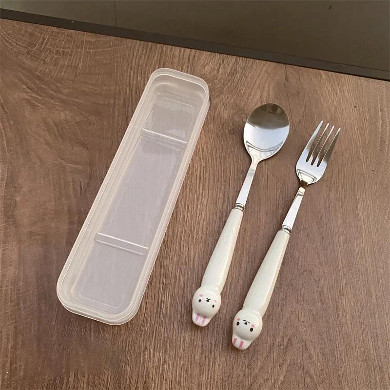 Stainless Steel Cartoon Knife Fork Spoon Kitchen Dinnerware Animals Glossy Ceramic Handle Set With Box For Dessert Steak
