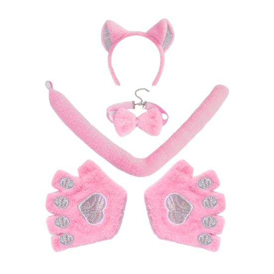1 set Set de mănuși de pisică pentru cosplay cu coadă cu papion și bentiță reglabilă pentru cap moale de pluș de Halloween Accesorii de performanță pentru expoziții de benzi desenate Accesorii pentru ședințe foto