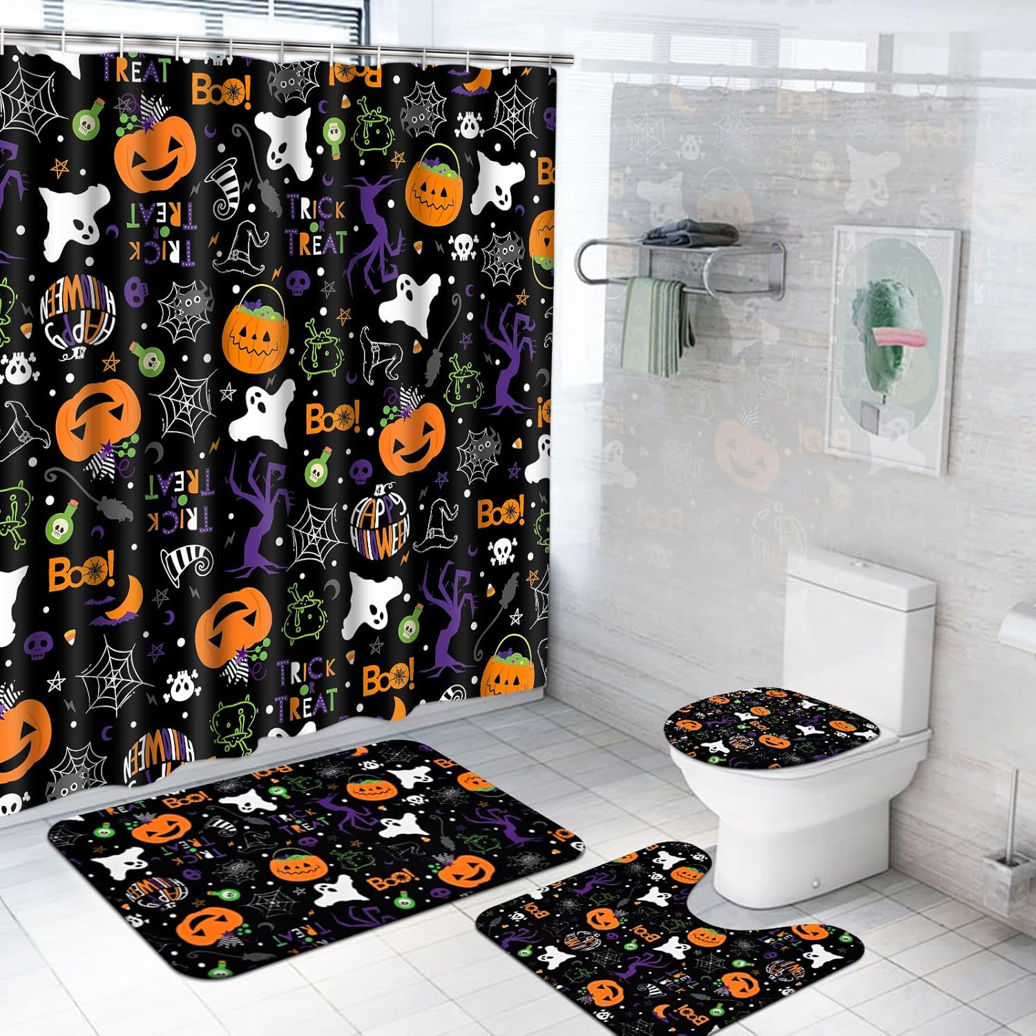 

Halloween Pumpkin Shower Curtain Set Spooky Ghost Bathroom Sets With Shower Curtain And Rugs Spider Web Shower Curtain W60H190(CM)-1 Pcs
