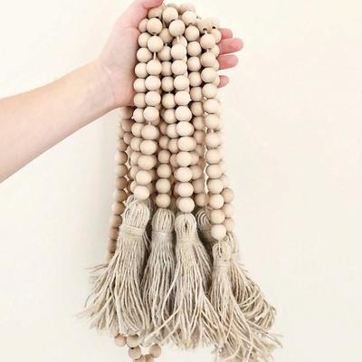 1pc Farmhouse Beads Wooden Beads Garland with Tassels – Rustic Boho Wedding Decor Holiday Wreath for Door/Halloween/Thanksgiving/Christmas