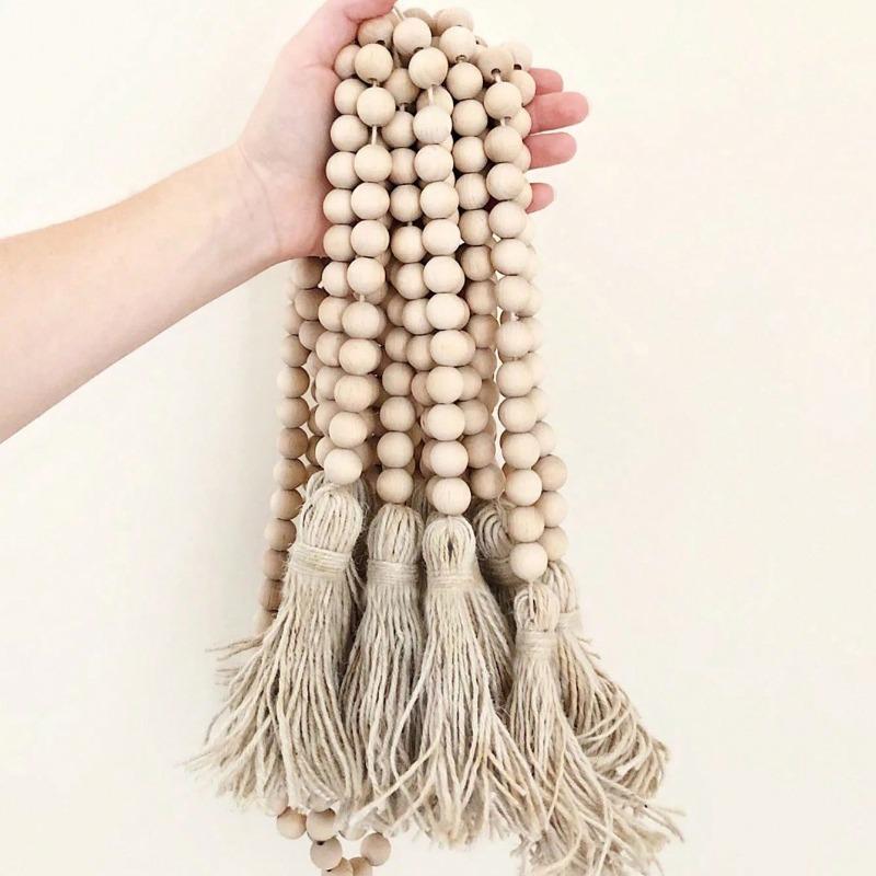 1pc Farmhouse Beads Wooden Beads Garland with Tassels – Rustic Boho Wedding Decor Holiday Wreath for Door/Halloween/Thanksgiving/Christmas