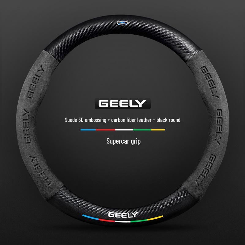 Rutschfeste 3D-geprägte Karbonfaser-Lenkradabdeckung für Geely - Wildleder, Atmungsaktiv, Unisex