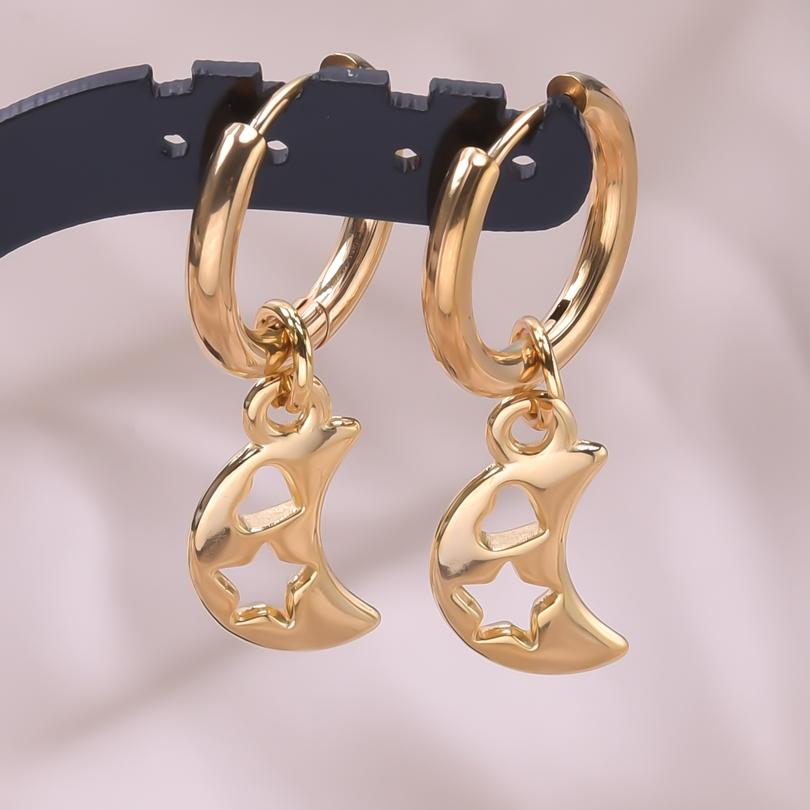 Upright Moon Charm Earring Lune Pendant Stainless Steel Earrings For Women Men Fashion Jewelry Round Hoops Piercing Oorbellen