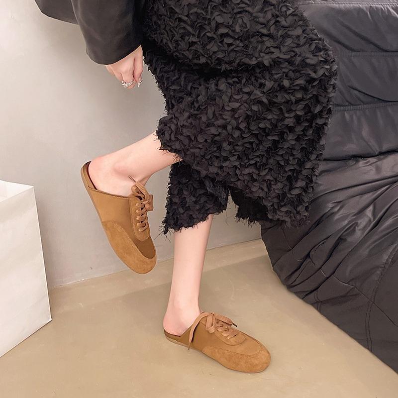 Fashion Baotou Slippers Autumn New Round Toe Deep Mouth Spliced Suede Front Lace-up Soft Sole Anti-slip Wear-resistant Flats