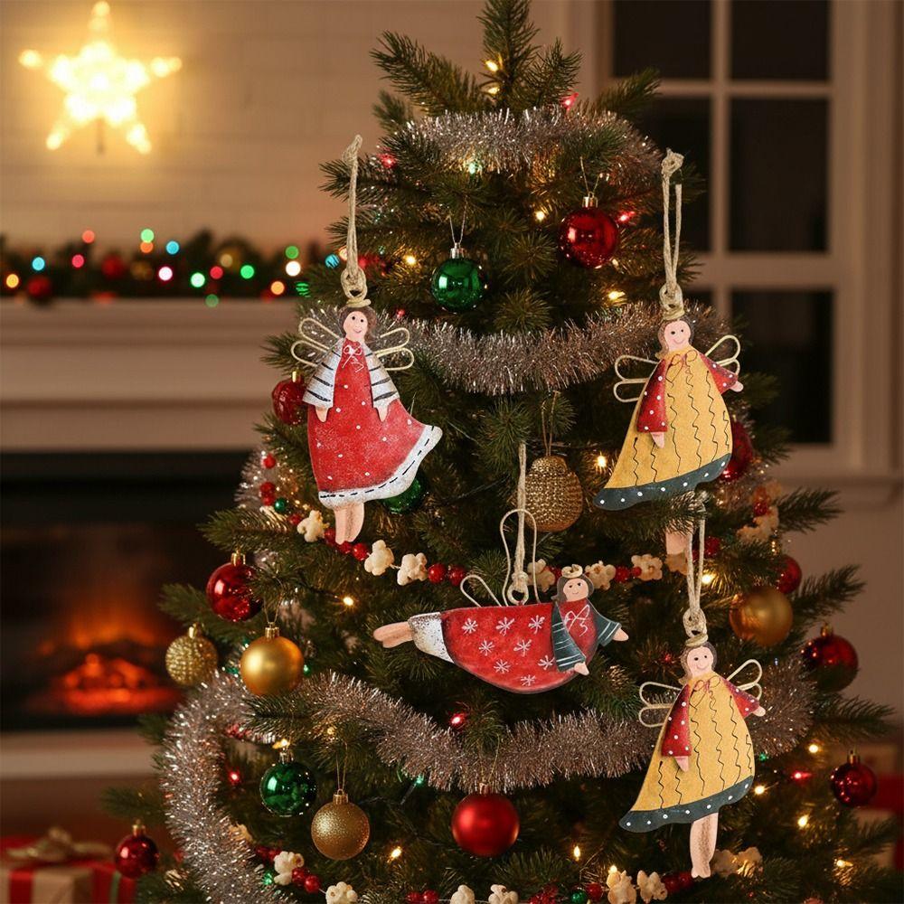 Multicolor Christmas Hanging Decorations Iron Art Cartoon Angel Girl Drop Ornament Retro Xmas Tree Embellishment
