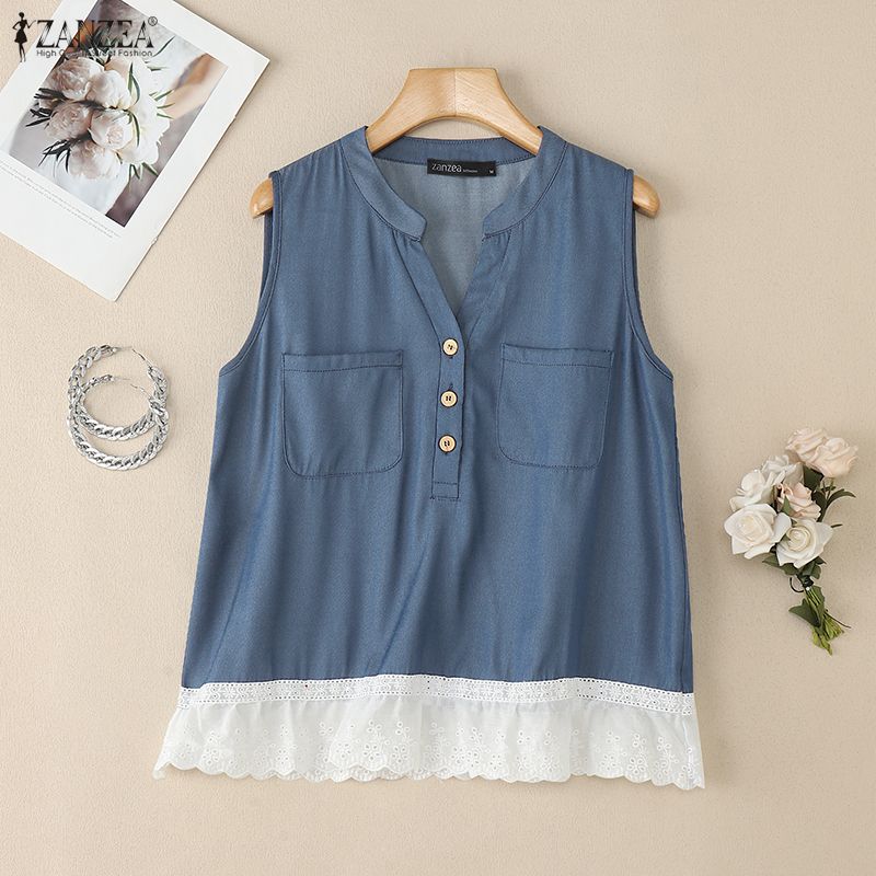 ZANZEA Women Casual V-Neck Summer Sleeveless Lace Splice Tank Tops