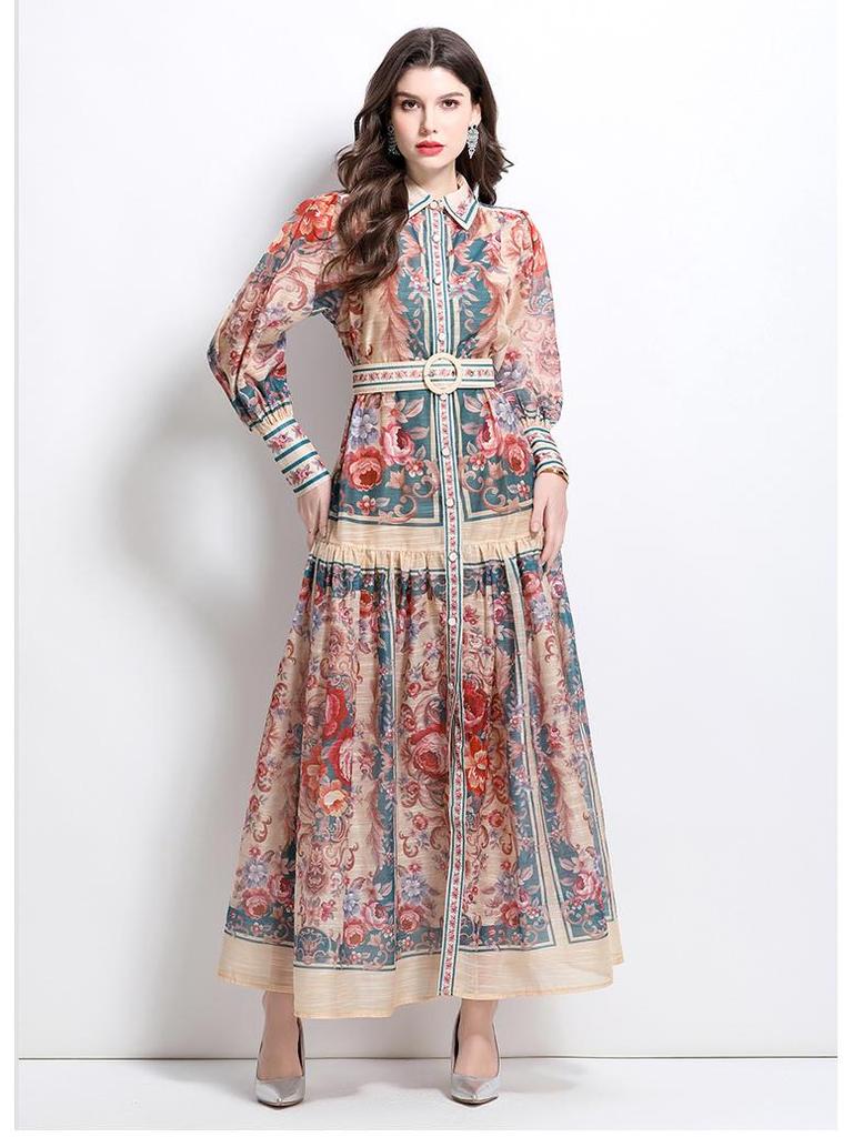 Elegant Classical Court Style Spring 2025 Printed Cinched-Waist Long Dress