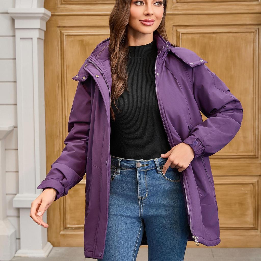 Women’s Warm Windcheaters Detachable Hooded Fleece Lined Zipper Coats Windproof Parka Outdoor Hiking Mountaineering Jackets