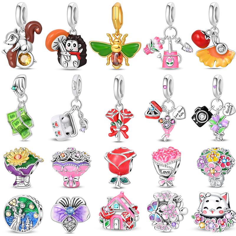 Original Copper Romantic Rose Flower House Camera Love Charms Beads Pendant For Bracelet Fine Diy Jewelry Gifts