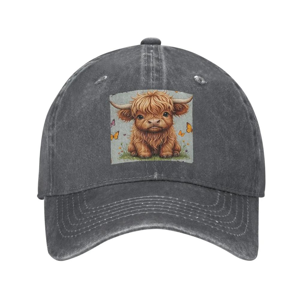 Highland Cow Cartoon Animal Denim Fabric Cap Casual Baseball Caps Adjustable Hat Summer Unisex Baseball Hats