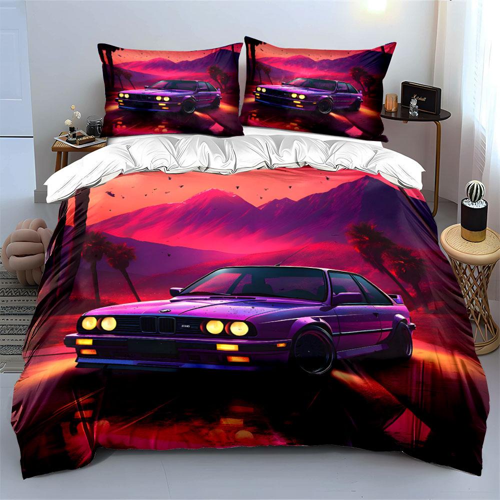 Purple Retro Car With Dreamy Background Bedding Set 1 Duvet Cover 2 Pillowcases For Adult And Children Luxury Gift Full Size