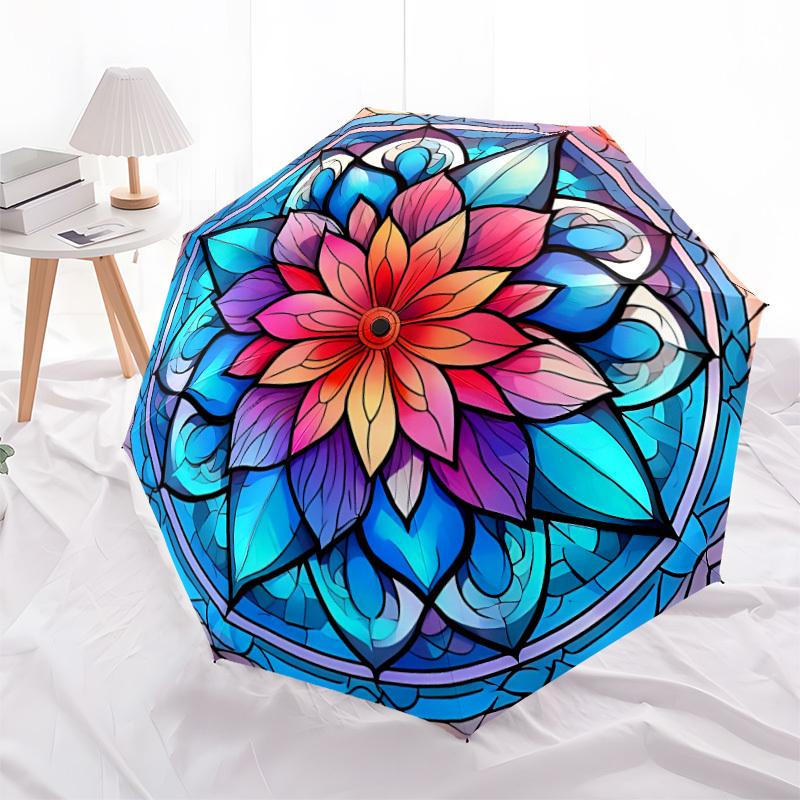 1pc Stained Glass Mandala Automatic Open/Close Umbrella, Portable Folding Umbrella, Compact Travel Umbrella for024