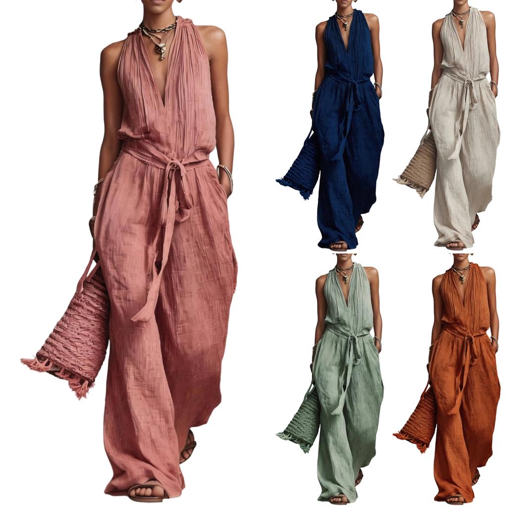 Women Sleeveless Cotton Linen Jumpsuit Casual Loose Fit Drawstring Waist Wide Leg One Piece Romper for Everyday Wear